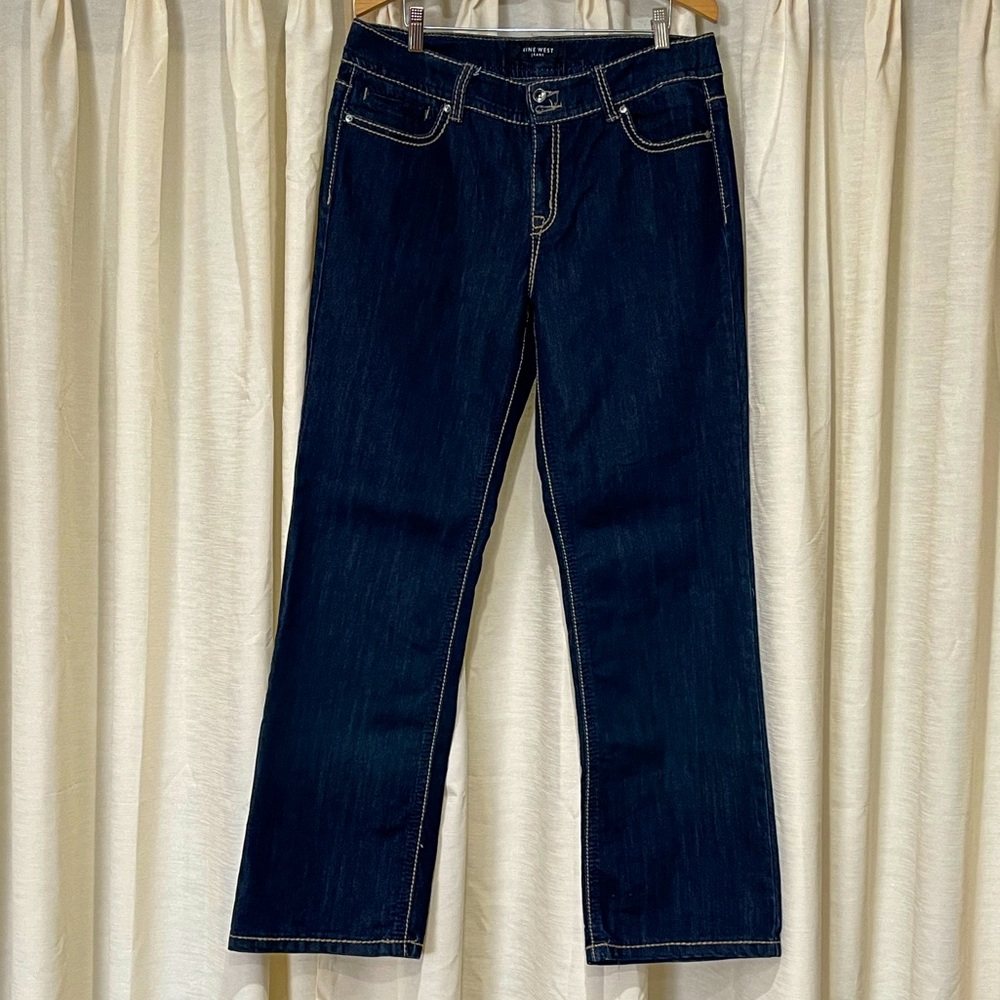 Nine West Denim Dark Wash Blue Jeans Size 12 Straight Leg Embroidered Bling Boot